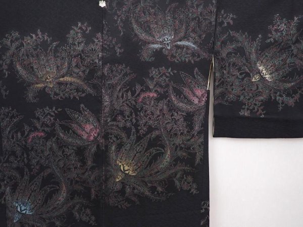 Photo3: 6016T14z620 Vintage Japanese Kimono Silk HAORI Flowers Black (3)