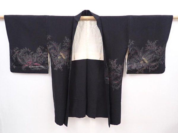 Photo6: 6016T14z620 Vintage Japanese Kimono Silk HAORI Flowers Black (6)