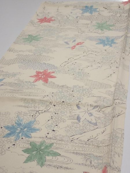 Photo3: 3D01z70  Japanese Kimono Silk  FABRIC Maple Smoky white 45.7x14.2 (3)