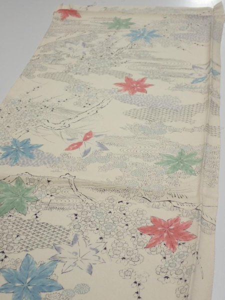 Photo3: 3D02z70  Japanese Kimono Silk  FABRIC Maple Smoky white 46.1x14.2 (3)