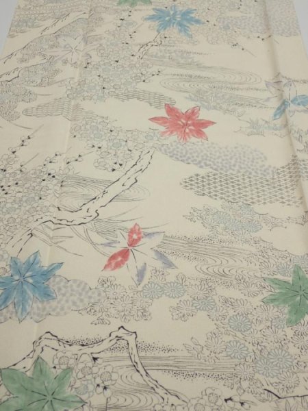 Photo1: 3D04z90  Japanese Kimono Silk  FABRIC Maple Smoky white 66.1x14.2 (1)