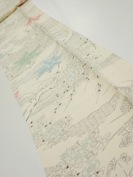 Photo1: 3D09z50  Japanese Kimono Silk  FABRIC Maple Smoky white 78.7x6.5 (1)