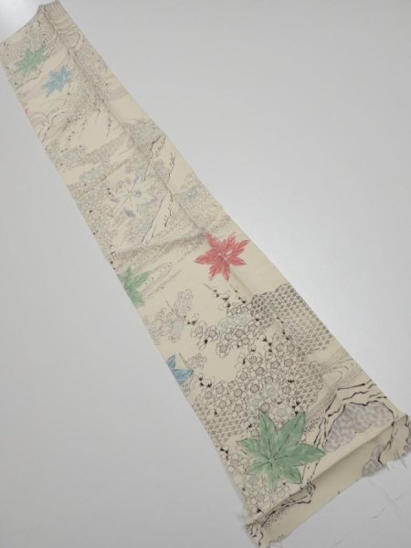 Photo1: 3D10z30  Japanese Kimono Silk  FABRIC Maple Smoky white 36.6x6.3 (1)