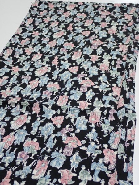 Photo3: 3D02z50  Japanese Kimono Silk  FABRIC Edo era people Black 39.0x13.6 (3)