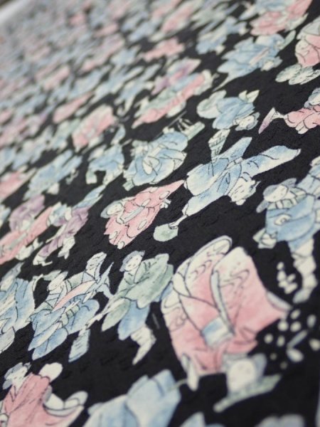 Photo4: 3D06z70  Japanese Kimono Silk  FABRIC Edo era people Black 62.2x14.2 (4)