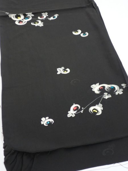 Photo2: 3D01z60  Japanese Kimono Silk  FABRIC Chrysanthemum Black 39.4x14.2 (2)