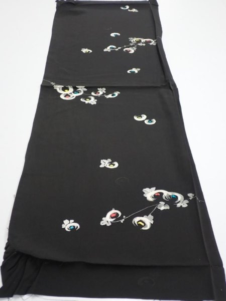 Photo5: 3D01z60  Japanese Kimono Silk  FABRIC Chrysanthemum Black 39.4x14.2 (5)