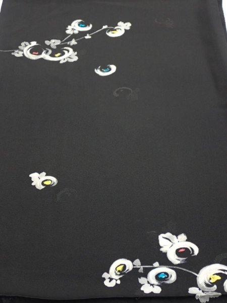 Photo1: 3D02z60  Japanese Kimono Silk  FABRIC Chrysanthemum Black 39.0x14.2 (1)