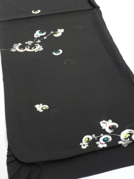 Photo2: 3D02z60  Japanese Kimono Silk  FABRIC Chrysanthemum Black 39.0x14.2 (2)