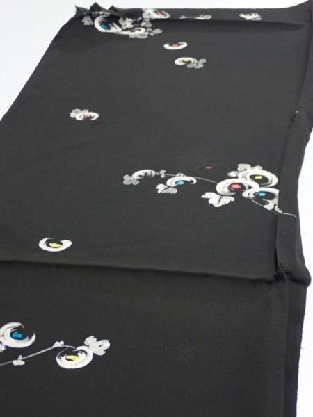Photo3: 3D02z60  Japanese Kimono Silk  FABRIC Chrysanthemum Black 39.0x14.2 (3)