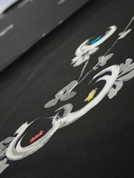 Photo4: 3D02z60  Japanese Kimono Silk  FABRIC Chrysanthemum Black 39.0x14.2 (4)