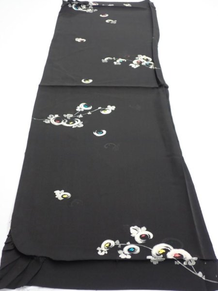 Photo5: 3D02z60  Japanese Kimono Silk  FABRIC Chrysanthemum Black 39.0x14.2 (5)