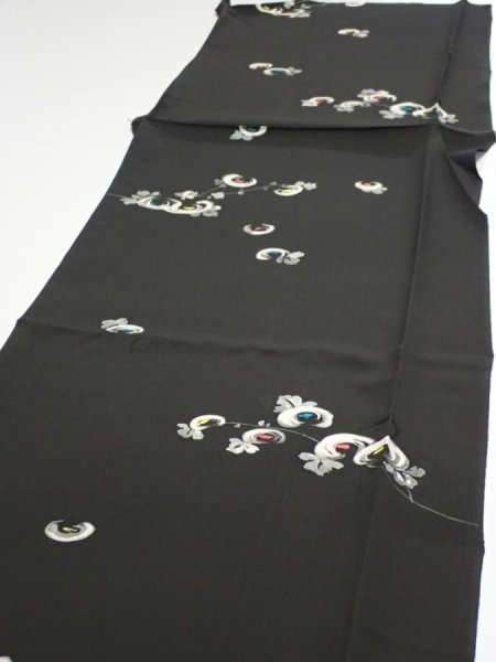 Photo3: 3D04z90  Japanese Kimono Silk  FABRIC Chrysanthemum Black 62.2x14.2 (3)