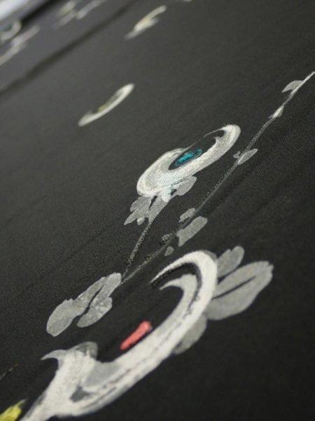 Photo4: 3D04z90  Japanese Kimono Silk  FABRIC Chrysanthemum Black 62.2x14.2 (4)
