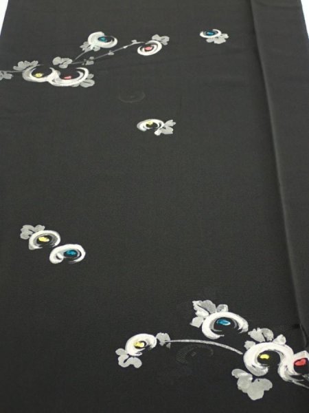 Photo1: 3D06z90  Japanese Kimono Silk  FABRIC Chrysanthemum Black 61.4x14.2 (1)