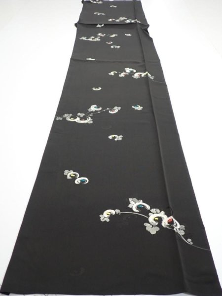 Photo5: 3D06z90  Japanese Kimono Silk  FABRIC Chrysanthemum Black 61.4x14.2 (5)