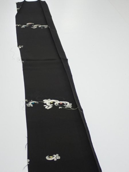 Photo3: 3D08z40  Japanese Kimono Silk  FABRIC Chrysanthemum Black 57.1x7.1 (3)