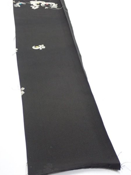 Photo4: 3D08z40  Japanese Kimono Silk  FABRIC Chrysanthemum Black 57.1x7.1 (4)