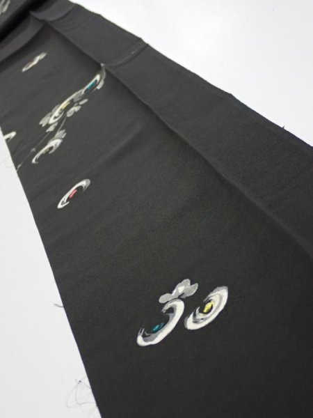 Photo1: 3D09z60  Japanese Kimono Silk  FABRIC Chrysanthemum Black 81.1x6.9 (1)
