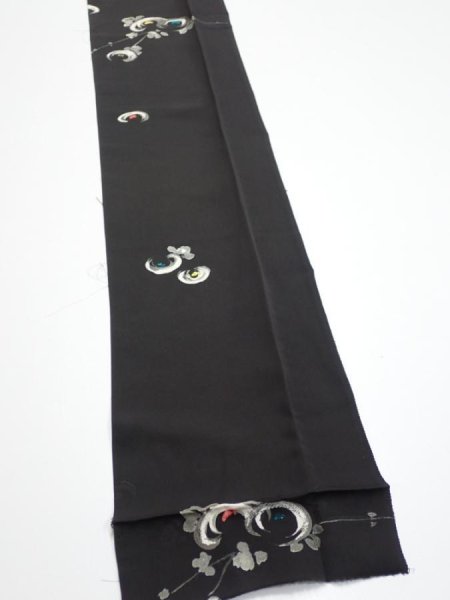 Photo3: 3D09z60  Japanese Kimono Silk  FABRIC Chrysanthemum Black 81.1x6.9 (3)