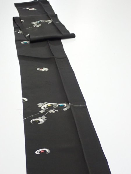 Photo4: 3D09z60  Japanese Kimono Silk  FABRIC Chrysanthemum Black 81.1x6.9 (4)