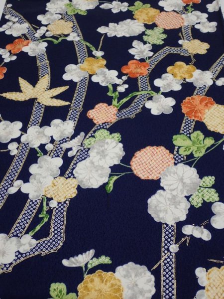 Photo1: 4A01z60  Japanese Kimono Silk  FABRIC Plum blossom Dark navy 44.1x14.2 (1)