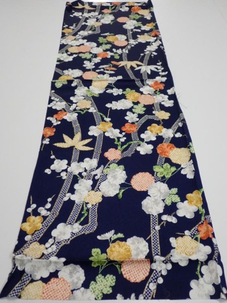 Photo5: 4A01z60  Japanese Kimono Silk  FABRIC Plum blossom Dark navy 44.1x14.2 (5)