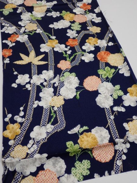 Photo2: 4A02z60  Japanese Kimono Silk  FABRIC Plum blossom Dark navy 44.5x14.2 (2)