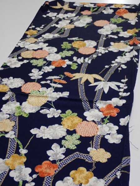 Photo3: 4A02z60  Japanese Kimono Silk  FABRIC Plum blossom Dark navy 44.5x14.2 (3)