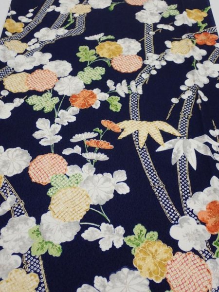 Photo1: 4A03z90  Japanese Kimono Silk  FABRIC Plum blossom Dark navy 65.4x14.2 (1)