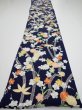 Photo5: 4A03z90  Japanese Kimono Silk  FABRIC Plum blossom Dark navy 65.4x14.2 (5)
