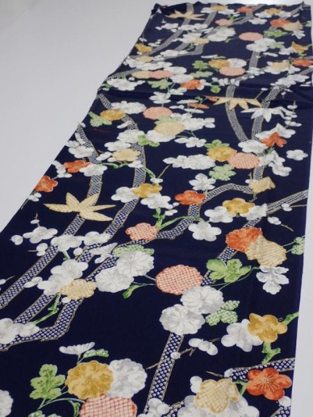 Photo3: 4A04z90  Japanese Kimono Silk  FABRIC Plum blossom Dark navy 66.9x14.2 (3)