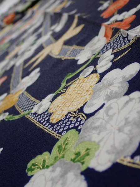 Photo4: 4A09z60  Japanese Kimono Silk  FABRIC Plum blossom Dark navy 83.5x7.1 (4)