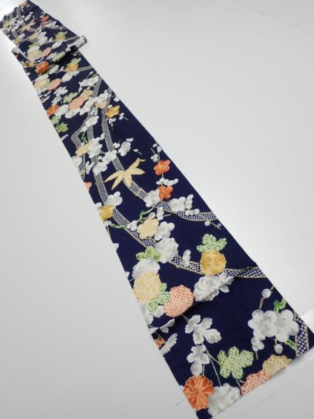 Photo5: 4A09z60  Japanese Kimono Silk  FABRIC Plum blossom Dark navy 83.5x7.1 (5)
