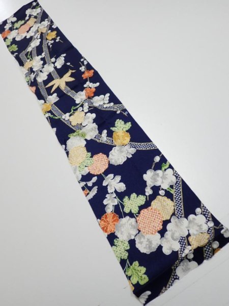 Photo1: 4A10z30  Japanese Kimono Silk  FABRIC Plum blossom Dark navy 37.8x7.1 (1)