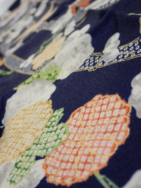 Photo5: 4A10z30  Japanese Kimono Silk  FABRIC Plum blossom Dark navy 37.8x7.1 (5)