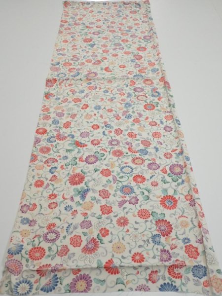 Photo5: 4A01z60  Japanese Kimono Silk  FABRIC Flowers Smoky white 44.1x14.4 (5)