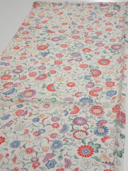 Photo3: 4A02z60  Japanese Kimono Silk  FABRIC Flowers Smoky white 44.1x14.4 (3)