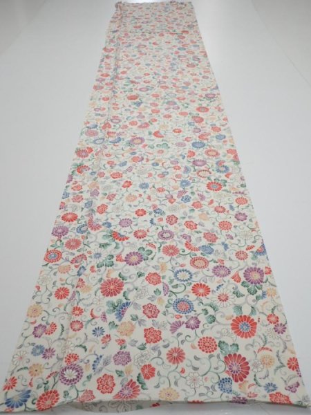 Photo5: 4A04z90  Japanese Kimono Silk  FABRIC Flowers Smoky white 63.8x14.4 (5)