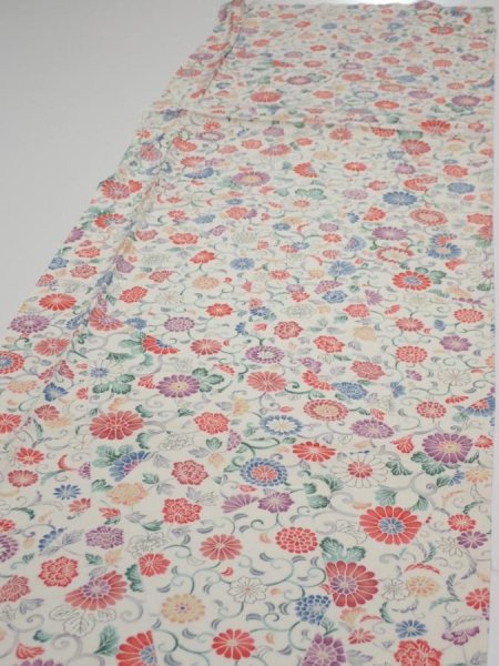 Photo3: 4A06z90  Japanese Kimono Silk  FABRIC Flowers Smoky white 63.8x14.4 (3)