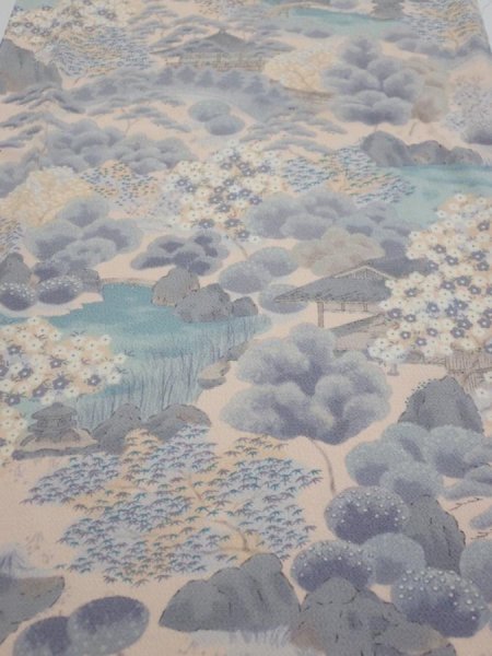 Photo1: 4A03z100  Japanese Kimono Crepe Silk  FABRIC Japanese palace garden   68.5x14.2 (1)