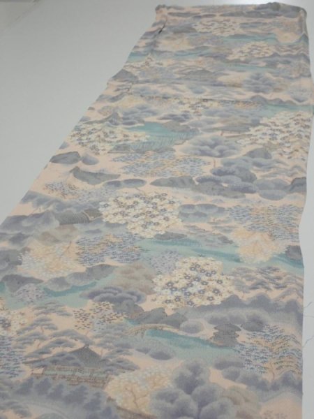 Photo3: 4A03z100  Japanese Kimono Crepe Silk  FABRIC Japanese palace garden   68.5x14.2 (3)