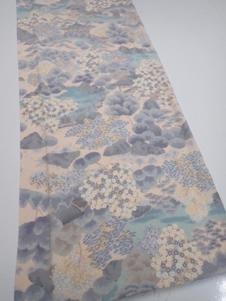 Photo2: 4A06z100  Japanese Kimono Crepe Silk  FABRIC Japanese palace garden   68.1x14.2 (2)