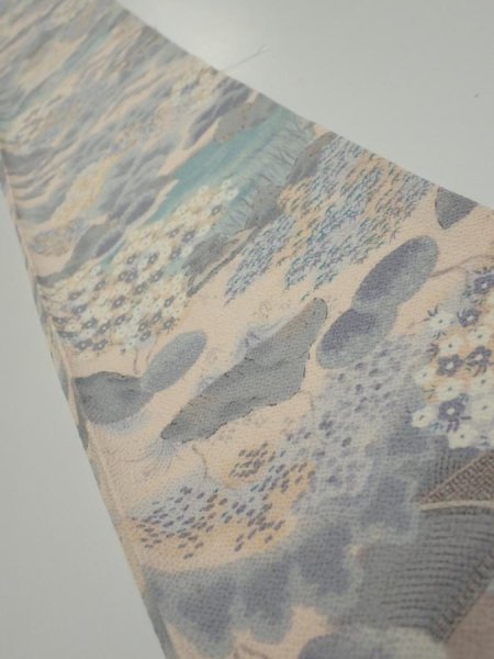 Photo1: 4A07z50  Japanese Kimono Crepe Silk  FABRIC Japanese palace garden   62.6x7.1 (1)