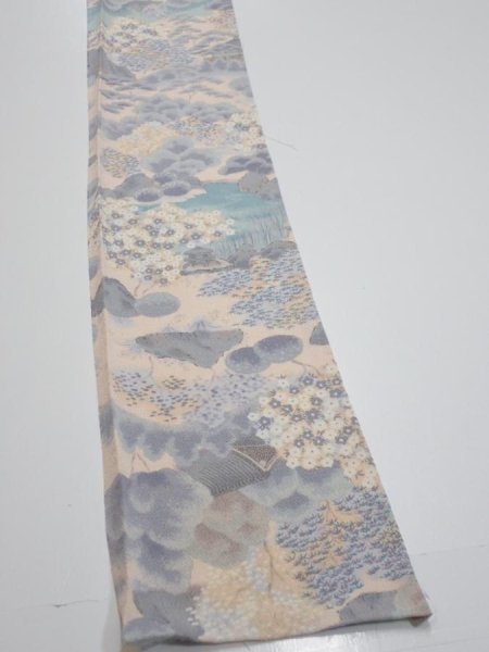 Photo2: 4A07z50  Japanese Kimono Crepe Silk  FABRIC Japanese palace garden   62.6x7.1 (2)