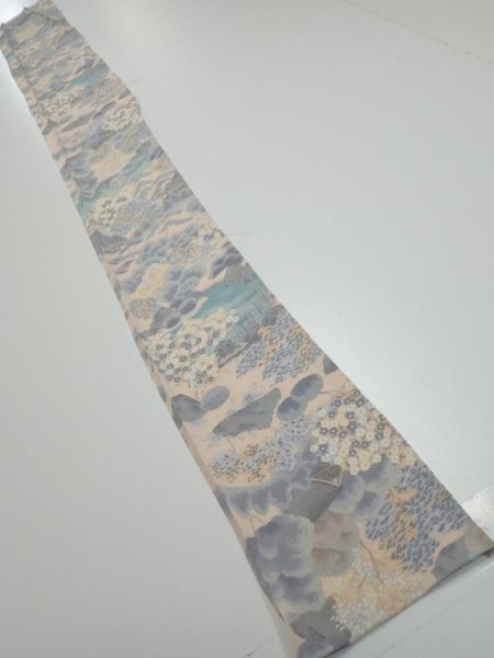 Photo5: 4A07z50  Japanese Kimono Crepe Silk  FABRIC Japanese palace garden   62.6x7.1 (5)