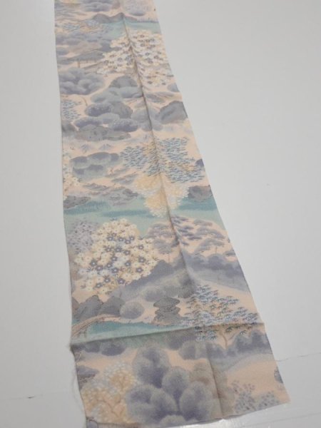 Photo2: 4A08z70  Japanese Kimono Crepe Silk  FABRIC Japanese palace garden   86.6x7.1 (2)