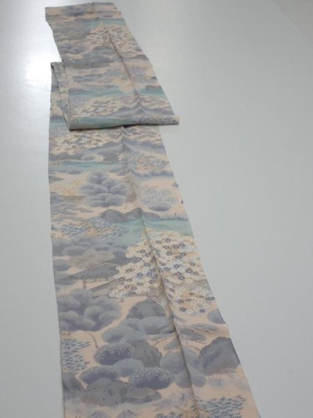 Photo3: 4A08z70  Japanese Kimono Crepe Silk  FABRIC Japanese palace garden   86.6x7.1 (3)