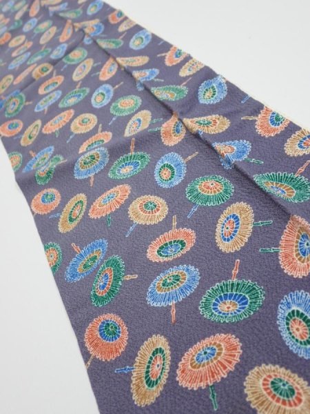 Photo2: 4A10z20  Japanese Kimono Silk  FABRIC Umbrella Purplish gray 32.3x6.5 (2)