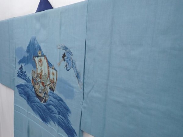 Photo2: 6019T02z420 Vintage Japanese Kimono Muslin JUBAN Treasure Ship Dull cyan (2)